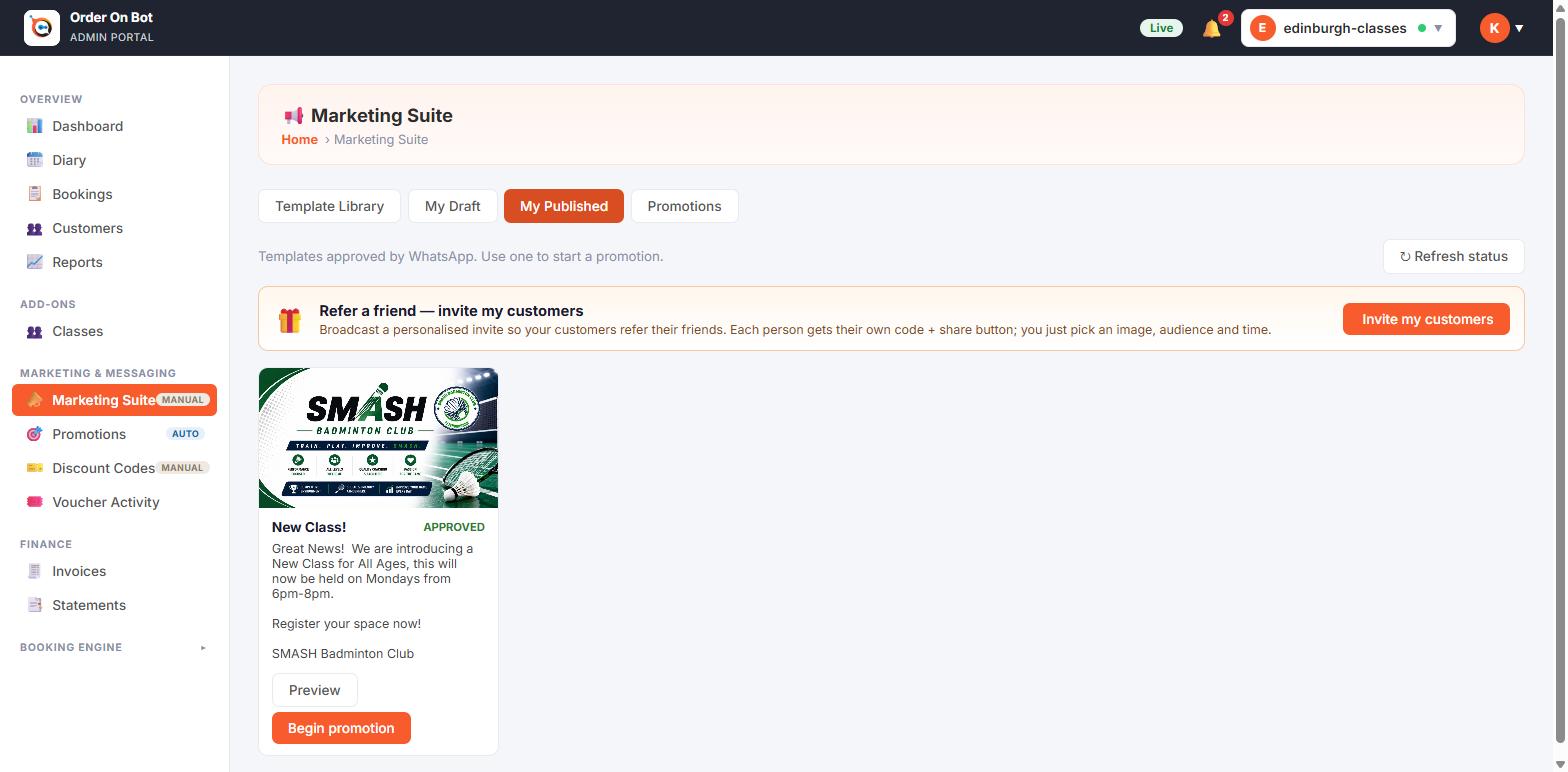 Order On Bot — launch a campaign or invite customers to refer friends.