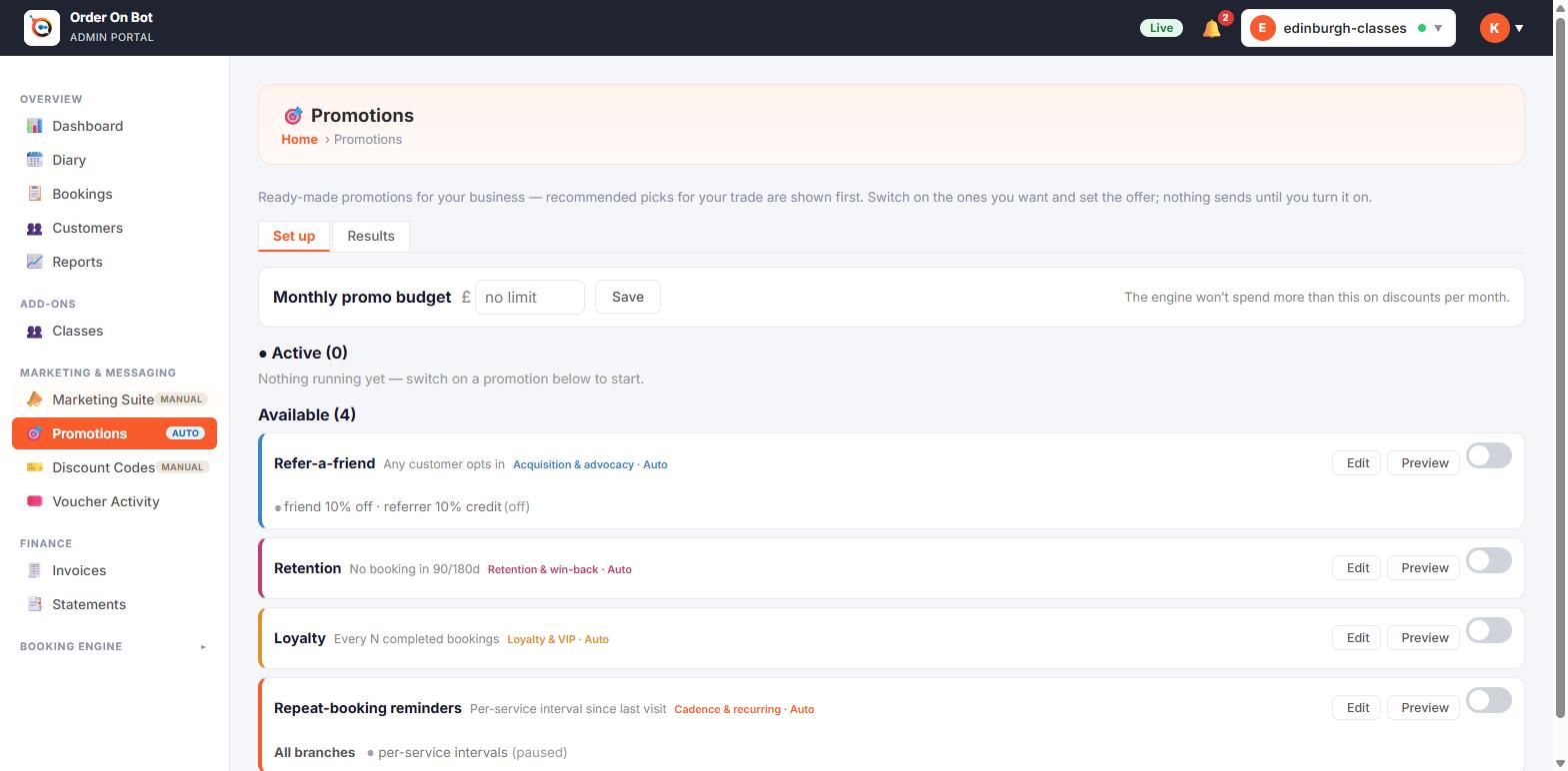 Order On Bot Promotion Engine — switch on automated retention and loyalty plays.