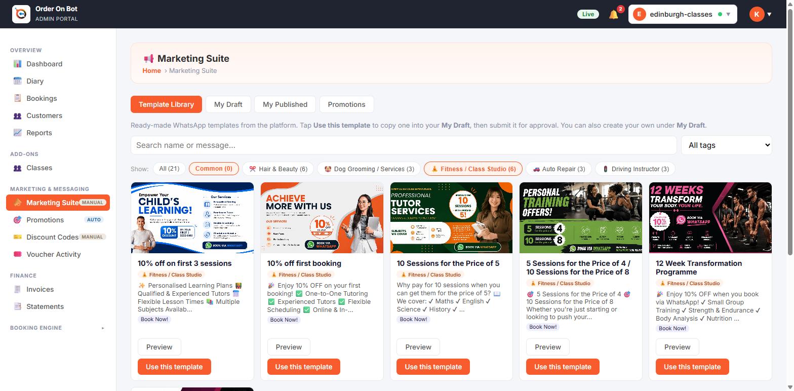 Order On Bot template library — ready-made WhatsApp marketing templates by sector.